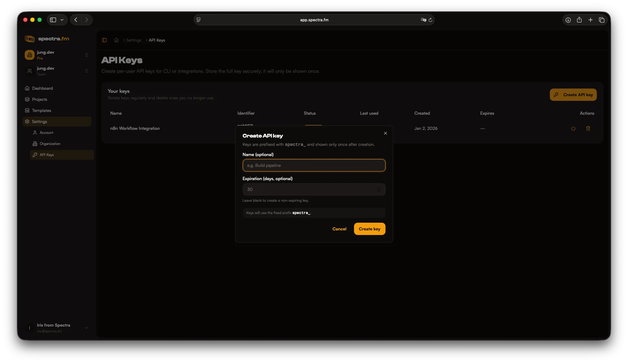 API key creation dialog in dark mode