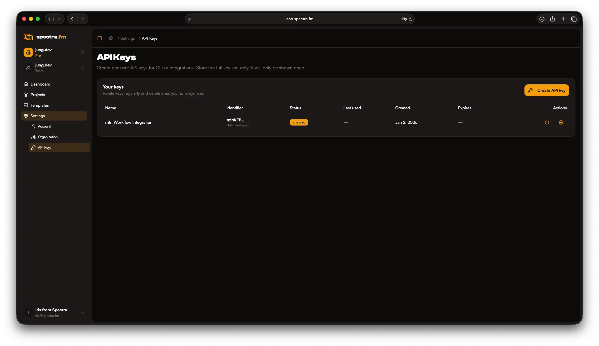 API keys list in dark mode