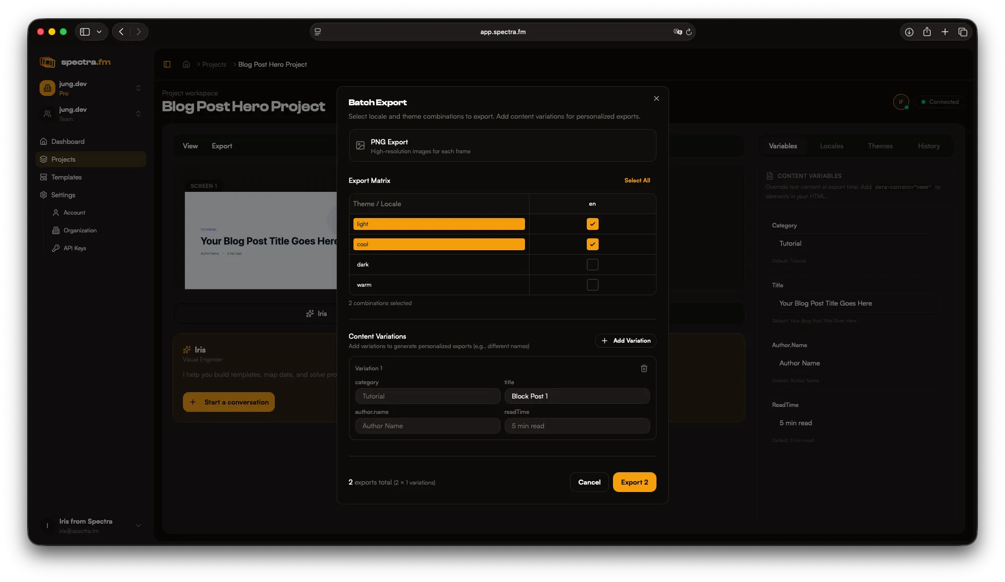 Spectra export dialog in dark mode