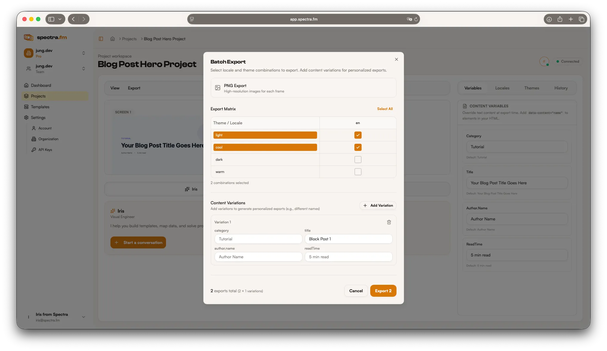 Spectra export dialog in light mode