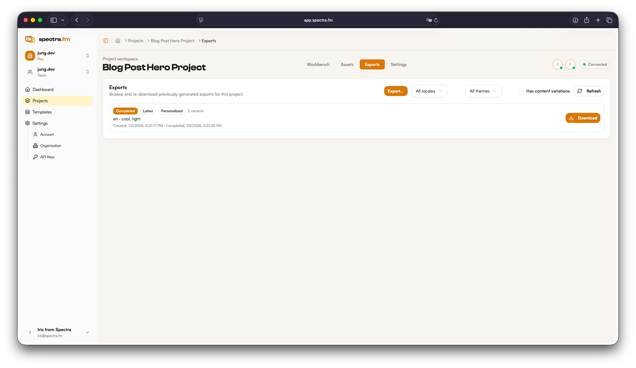 Spectra exports tab in light mode