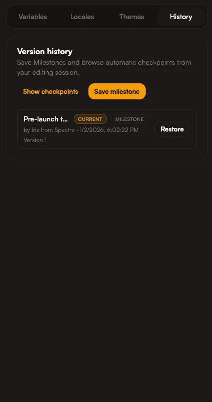 Inspector history panel in dark mode