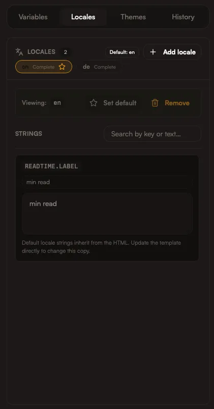 Inspector locales panel in dark mode