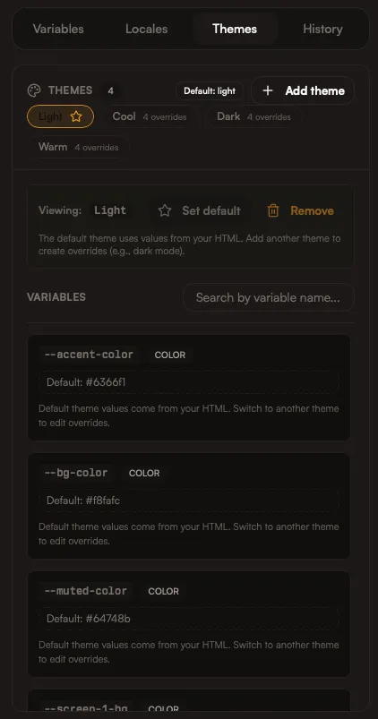 Inspector themes panel in dark mode