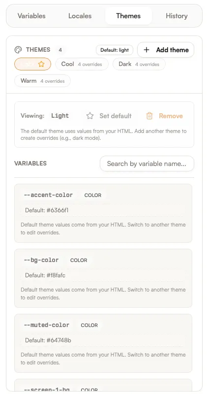 Inspector themes panel in light mode