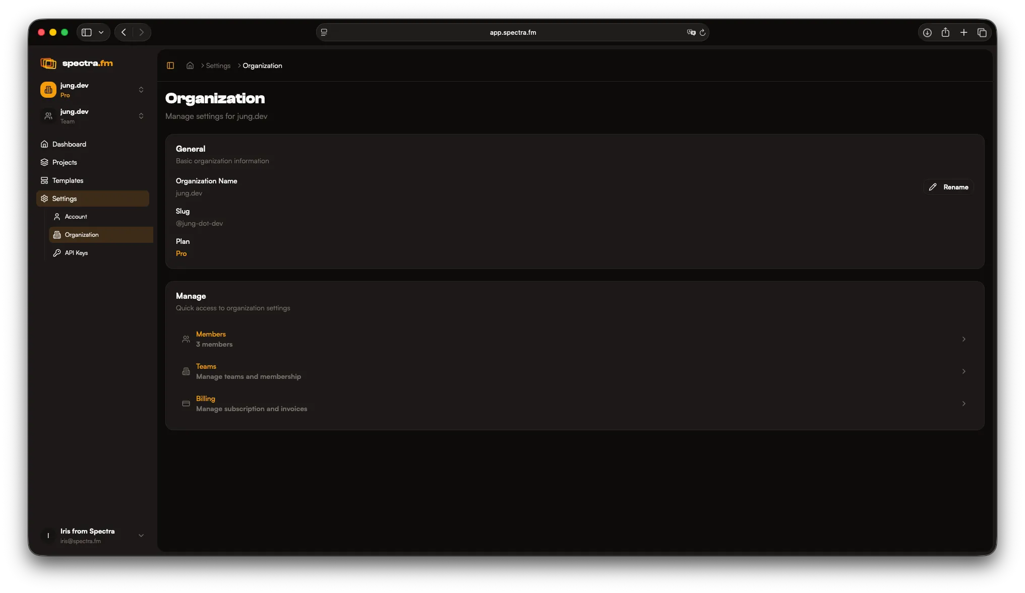 Organization settings in dark mode