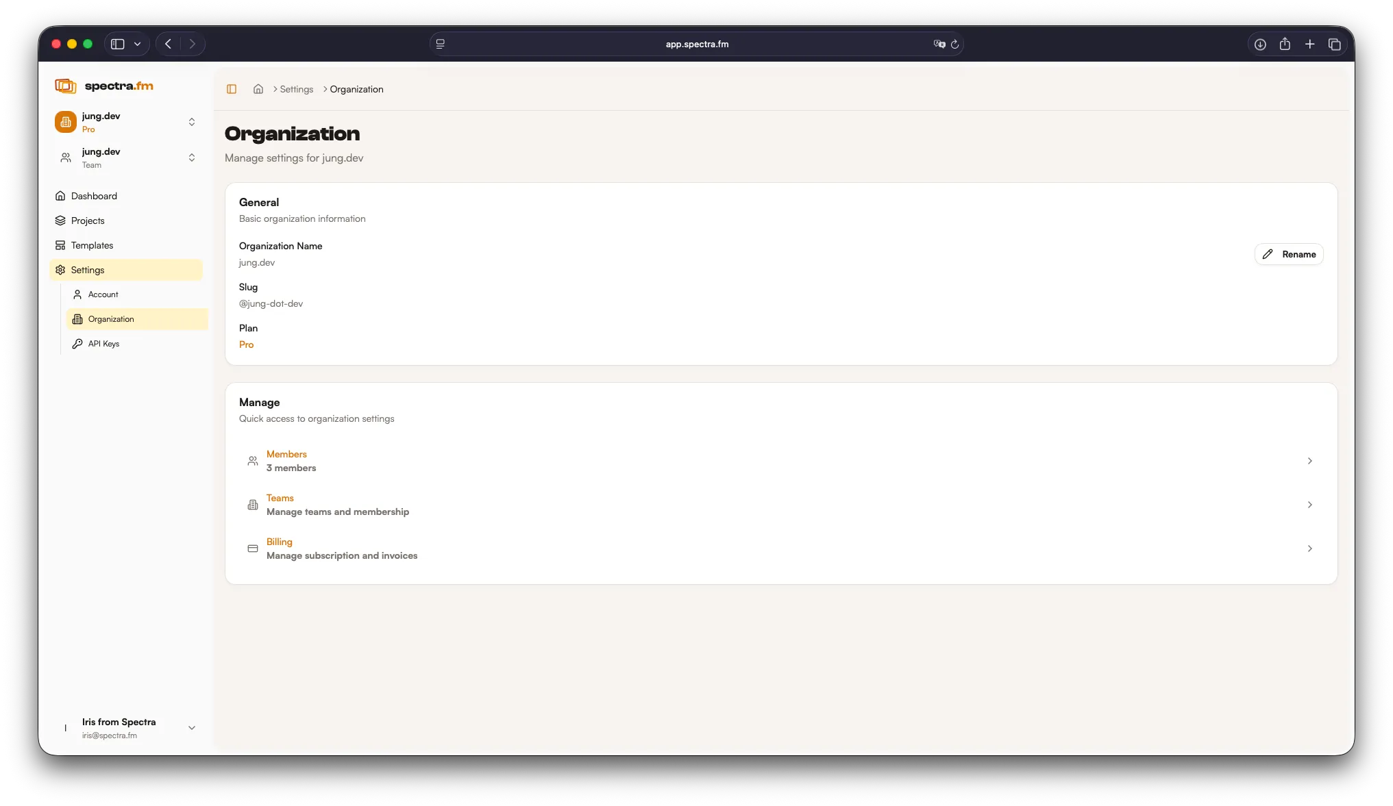 Organization settings in light mode