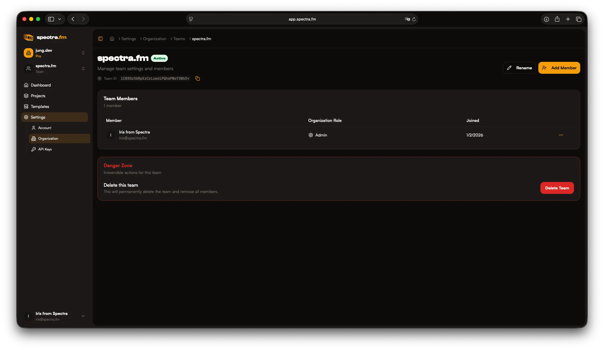 Team detail view in dark mode