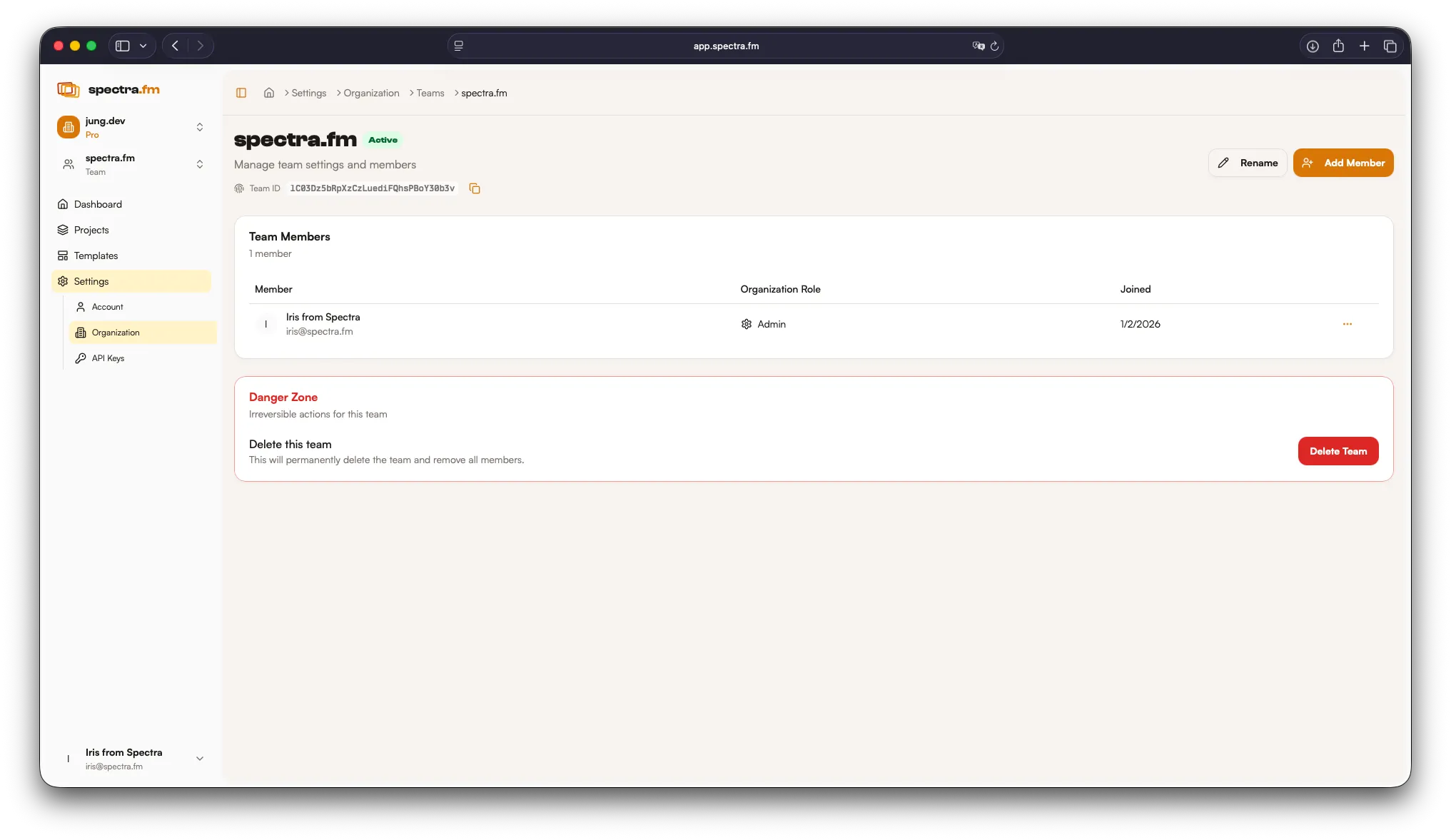 Team detail view in light mode