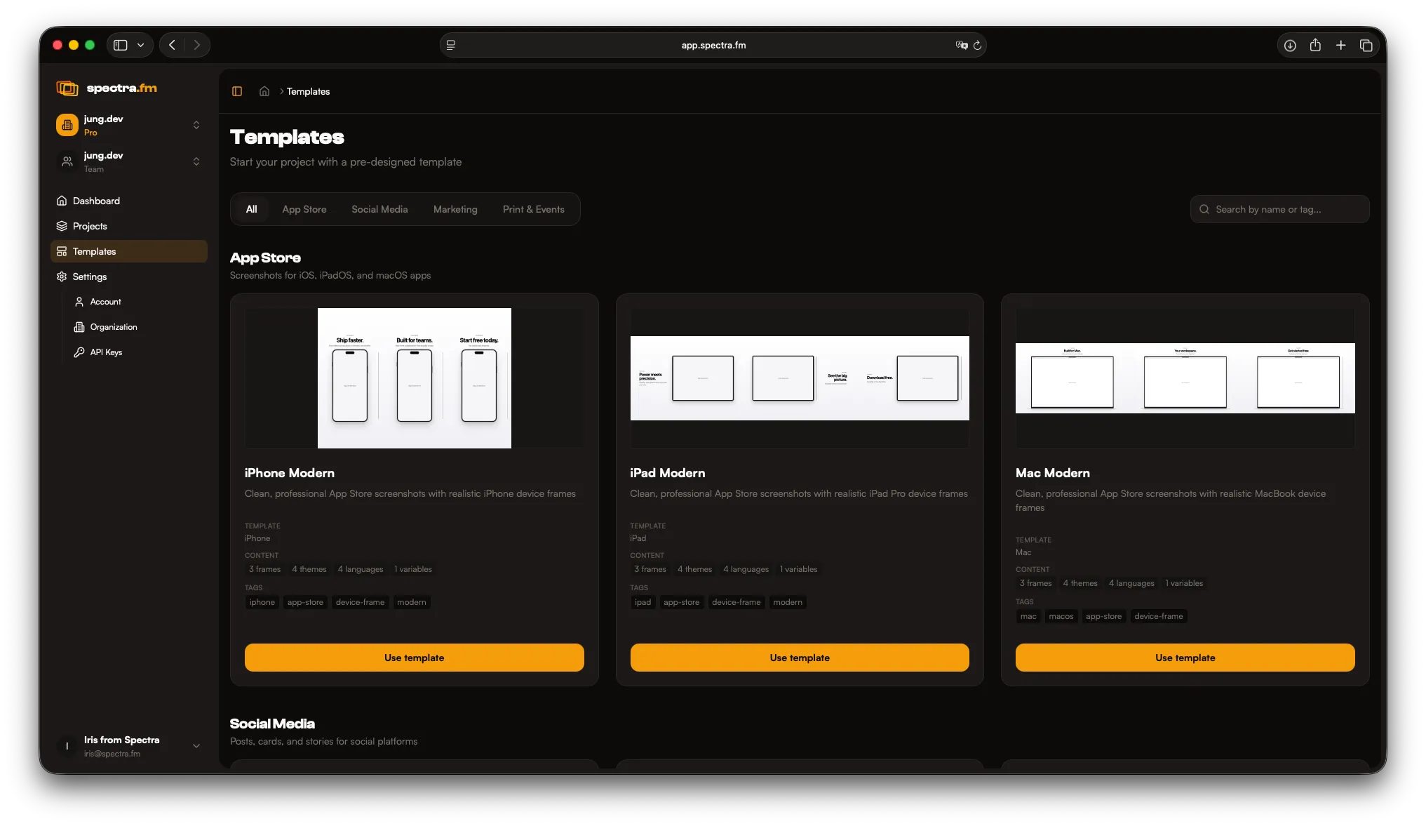 Template library in dark mode