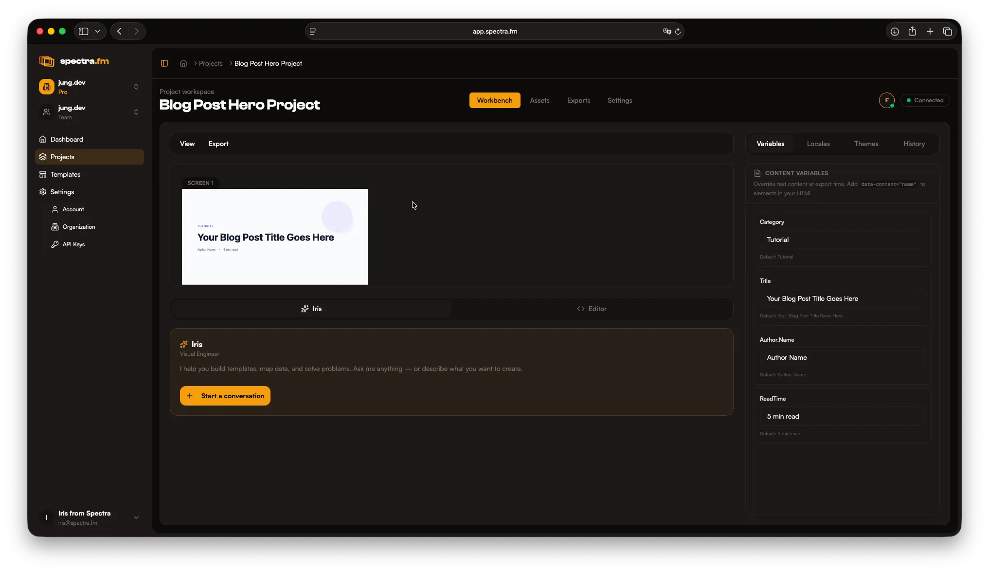 Spectra workspace in dark mode